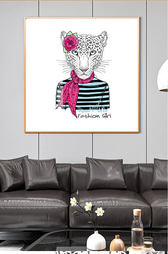 戴花的美丽豹子装饰画