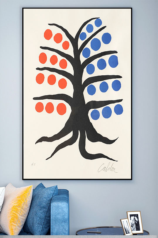 抽象画蓝橙果实树