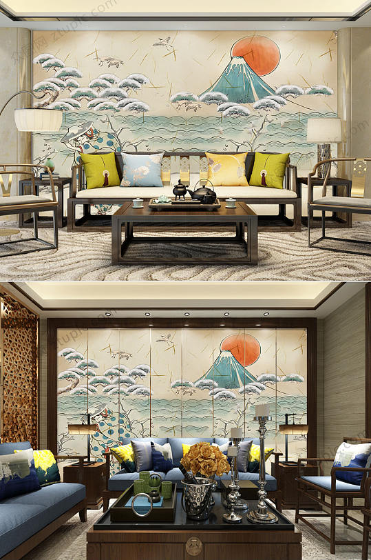 海浪与富士山背景墙-众图网