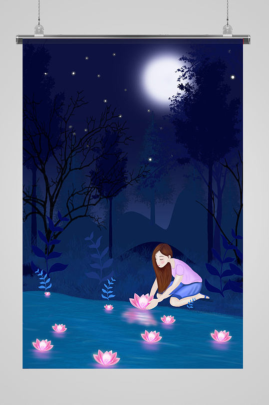 湖边许愿的美丽女孩插画