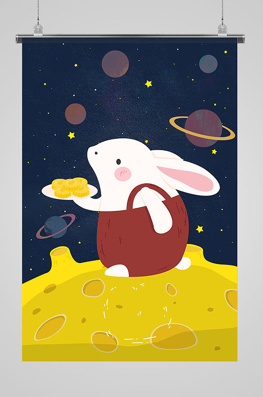 月球上端着月饼的兔子插画