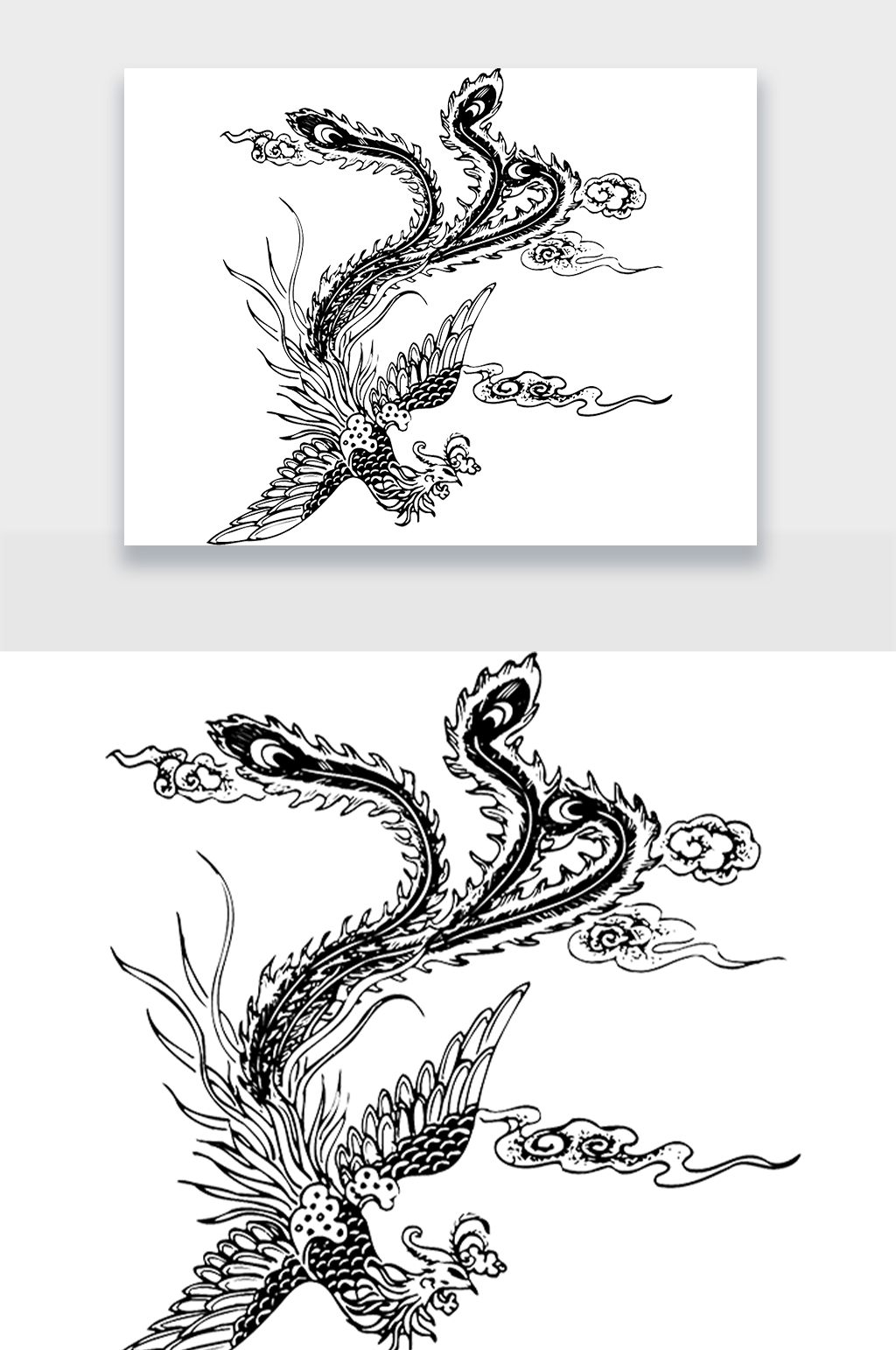 中式手绘凤凰黑白设计元素