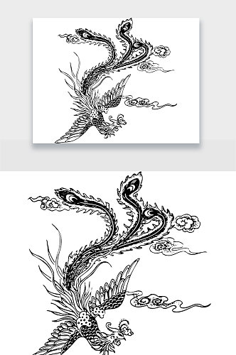 中式手绘凤凰黑白设计元素