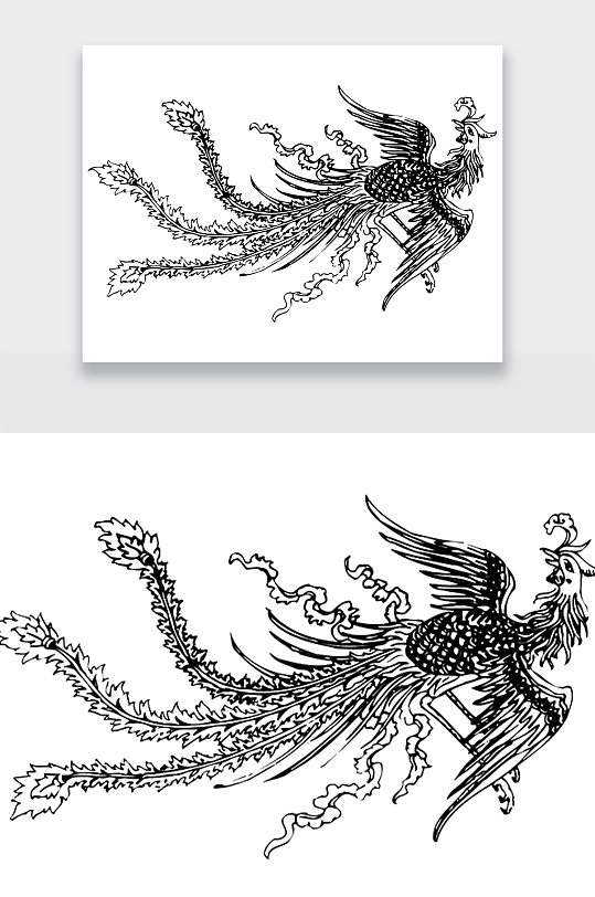 黑白手绘中国凤凰免扣元素