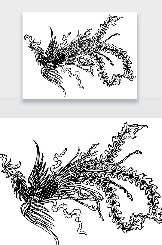 凤凰黑白线稿免扣元素风筝鸟黑白线稿手绘图免抠素材时钟鸟黑白线稿
