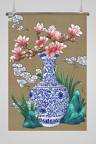 中式青花瓷花瓶鲜花插画