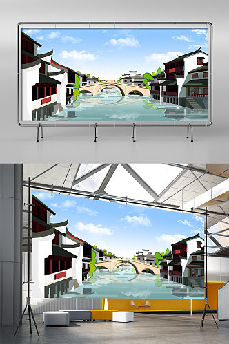 中国古镇拱桥风景插画