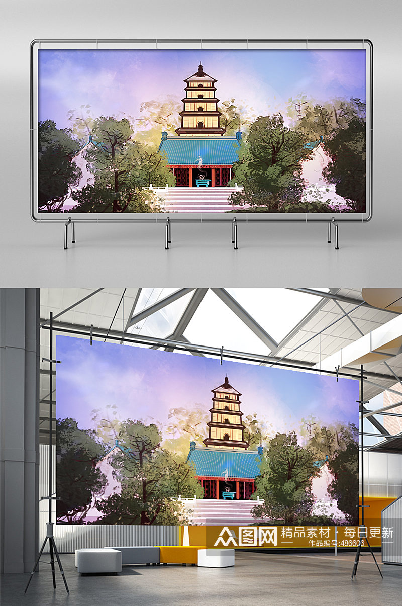 中国日本少林寺建筑插画素材