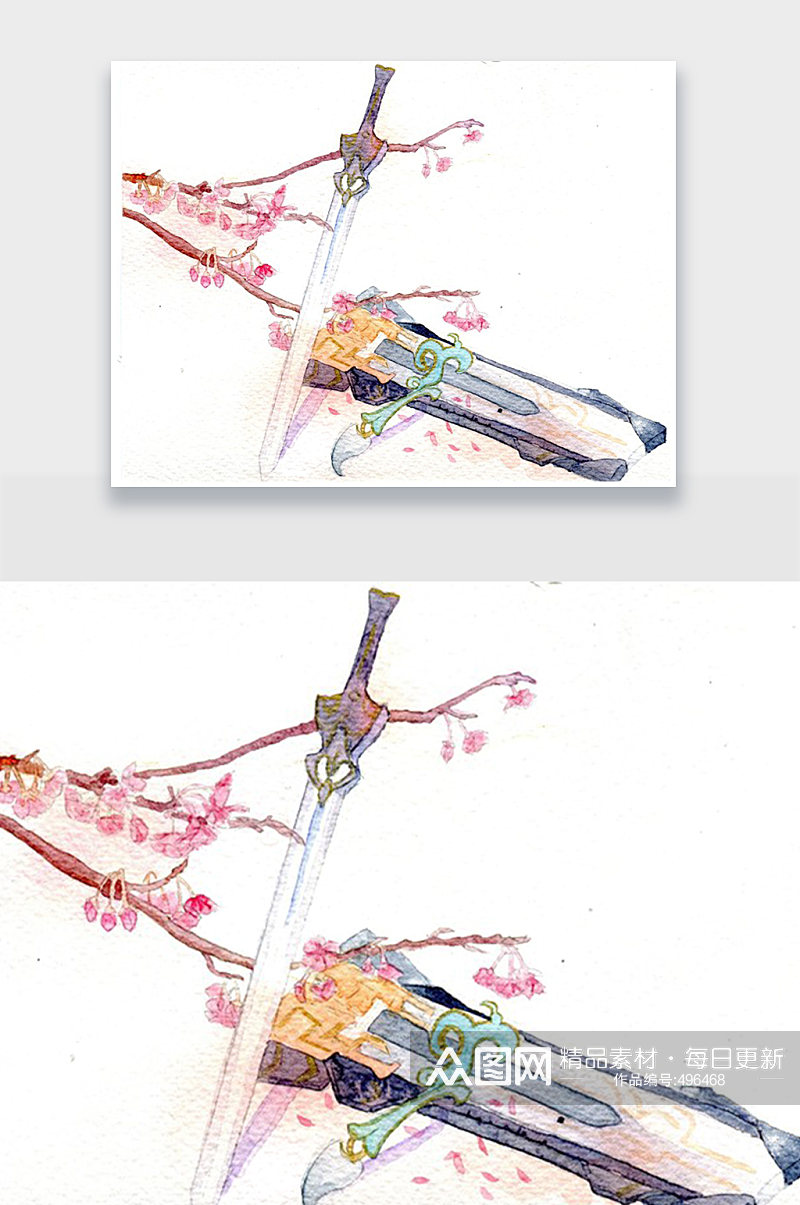 水彩中式桃花剑插画素材