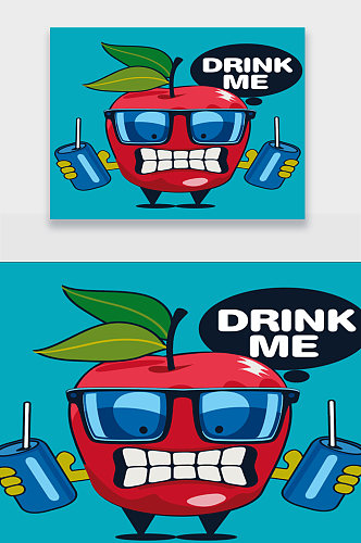 喝饮料的苹果创意插画
