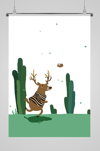 绿洲奔跑的麋鹿插画