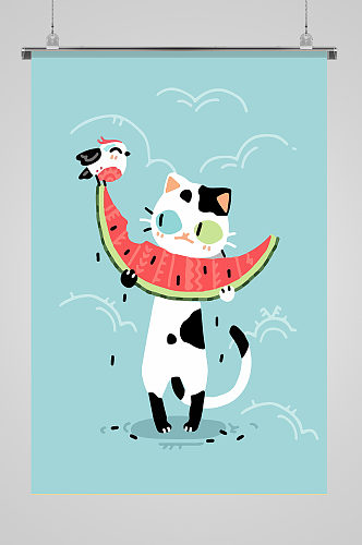 吃西瓜的小猫插画