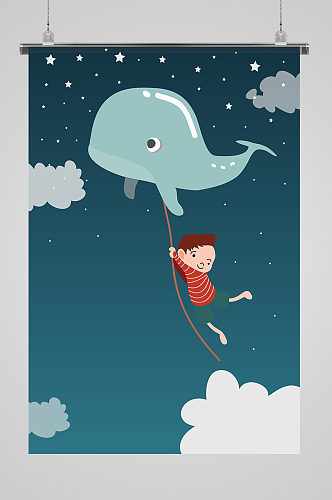 和海豚飞翔的男孩梦幻插画