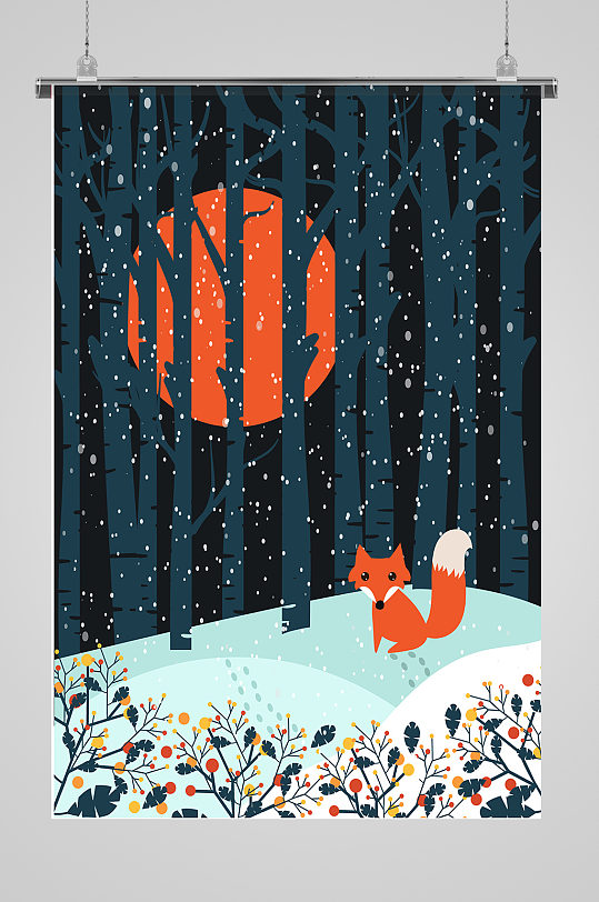 冬季雪景森林小狐狸插画