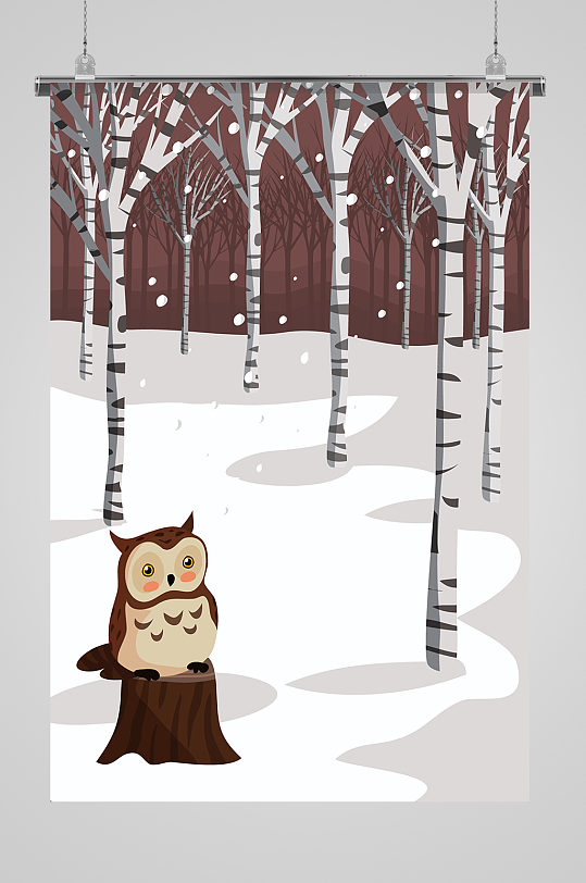 冬季森林猫头鹰插画