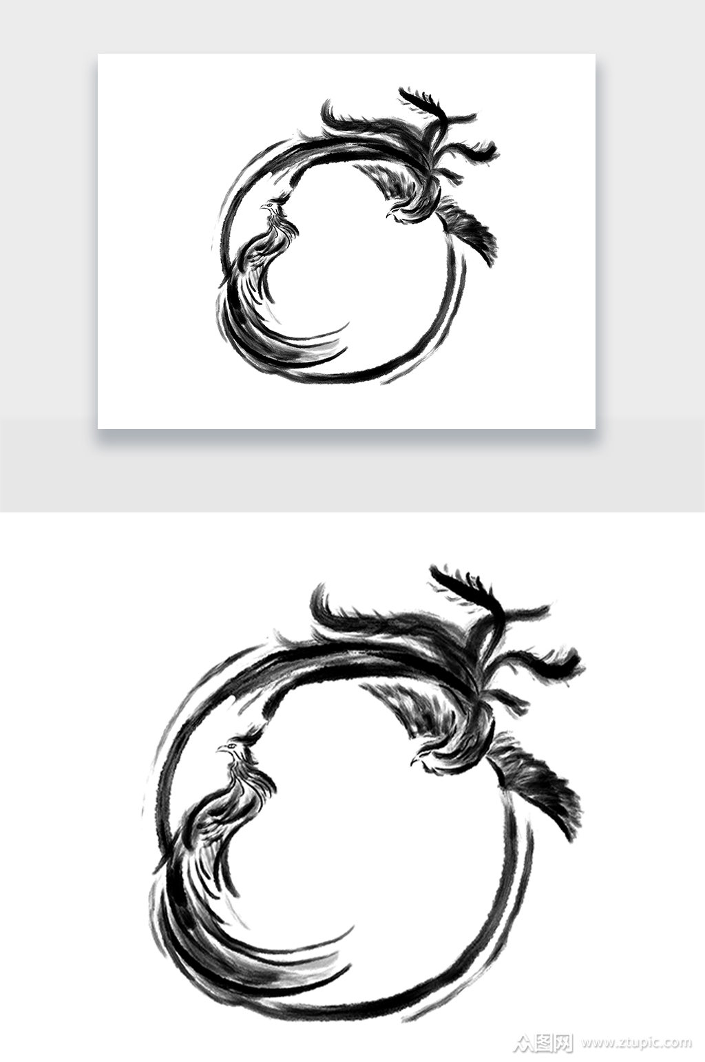 凤凰水墨风圆环png素材