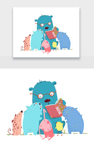 蓝色看书小动物创意插画设计