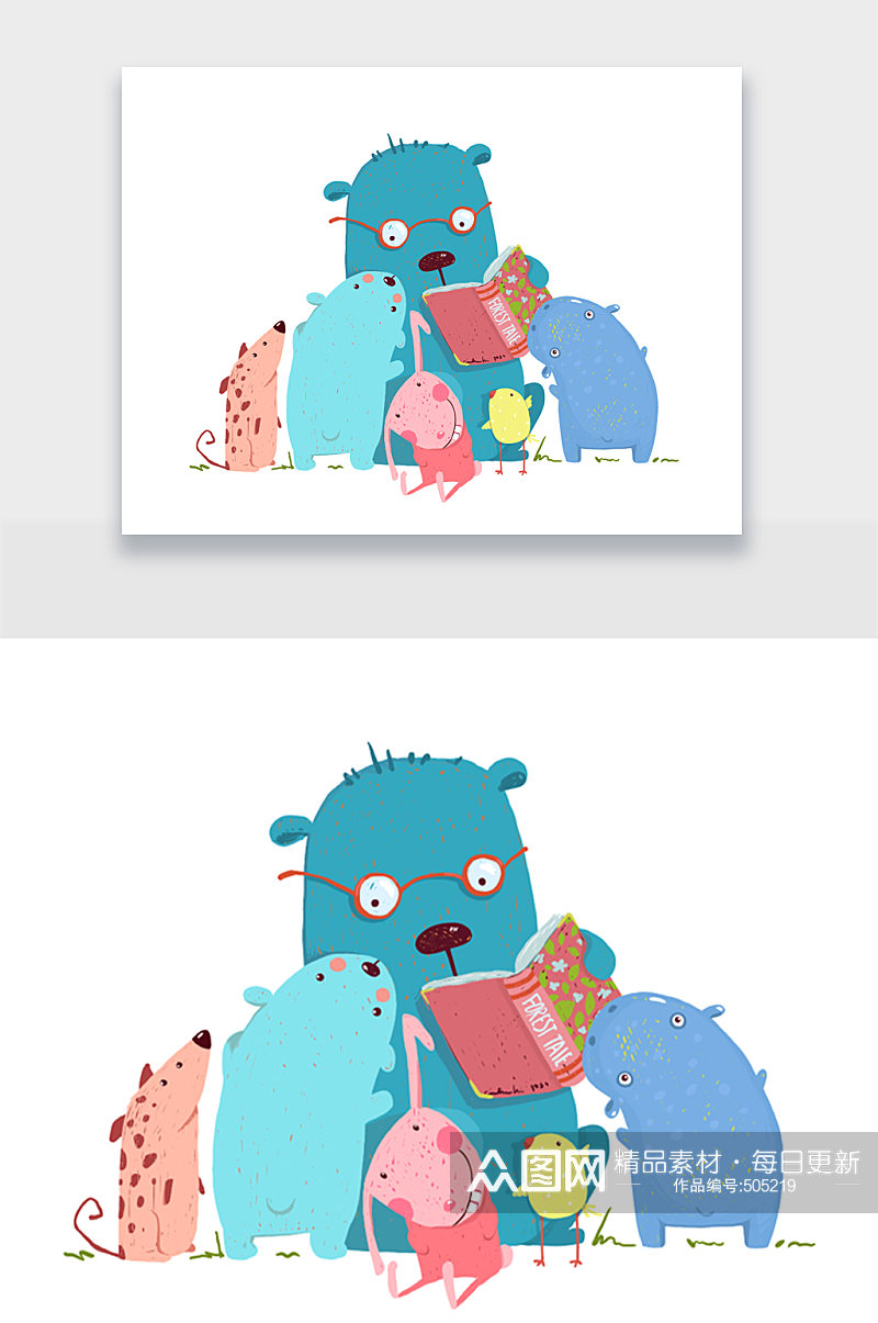 蓝色看书小动物创意插画设计素材
