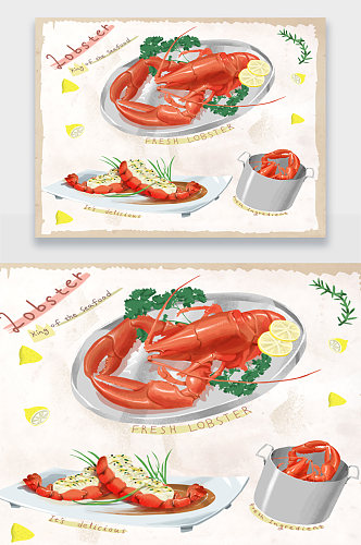 手绘龙虾美食插画