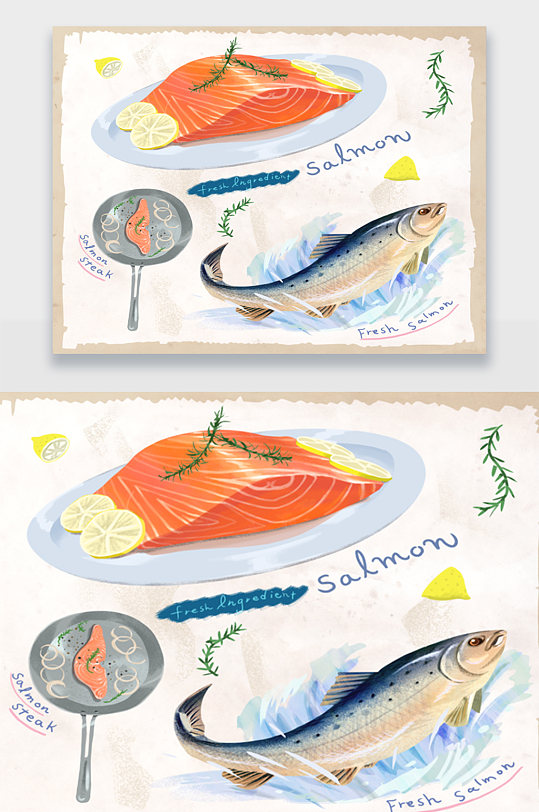 手绘海鲜沙丁鱼三文鱼插画