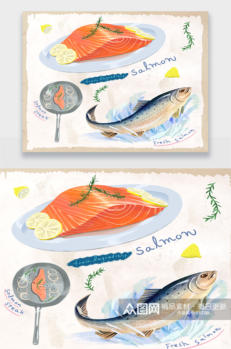 手绘海鲜沙丁鱼三文鱼插画素材