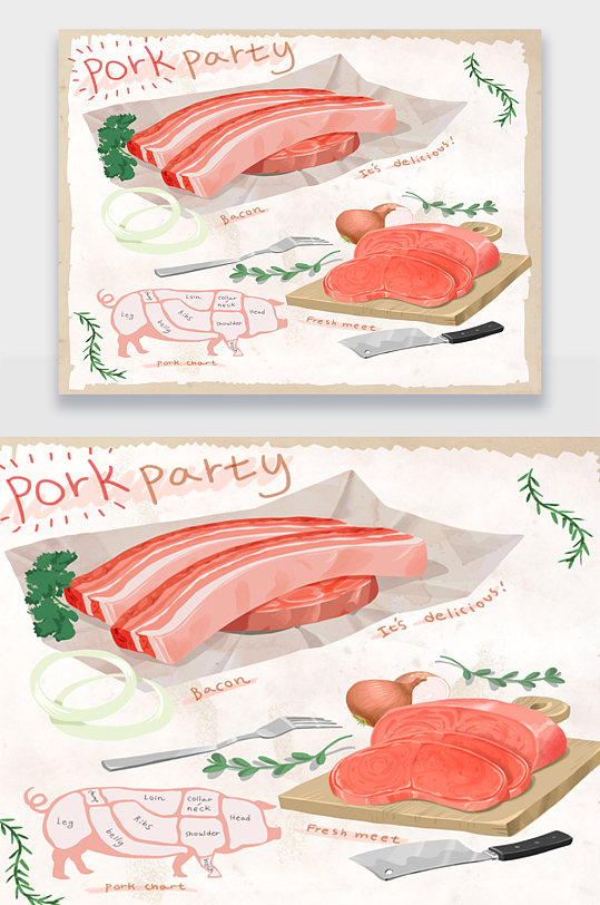 手绘猪肉生鲜插画