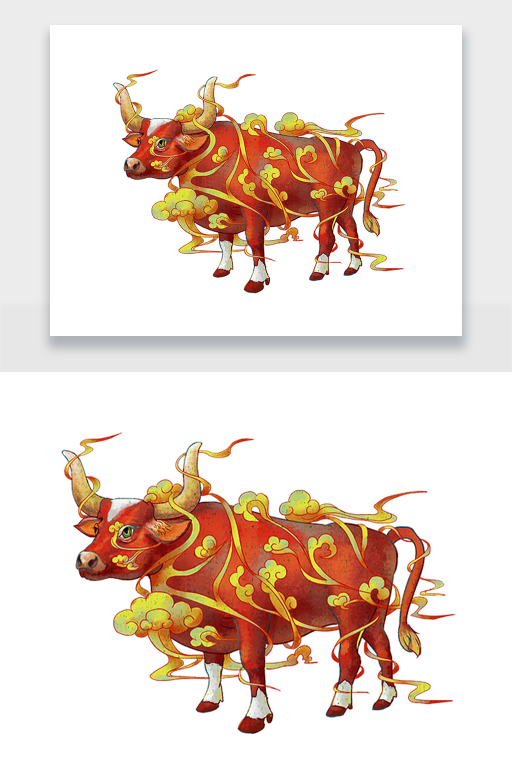 手绘祥云环绕金牛插画素材