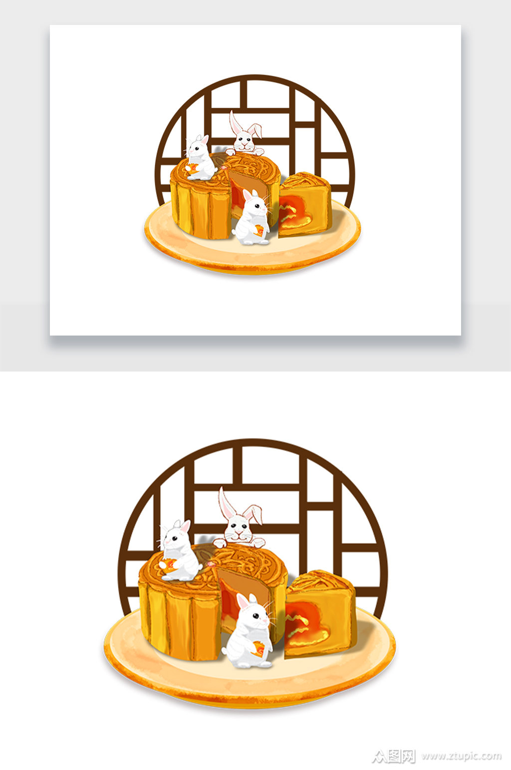 中秋节创意蛋黄月饼玉兔手绘插画模板下载-编号519916-众图网