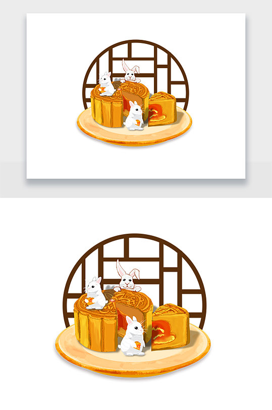 中秋节创意蛋黄月饼玉兔手绘插画