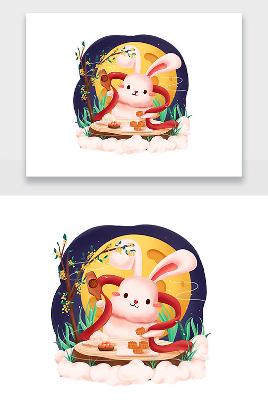 创意手绘玉兔做月饼插画