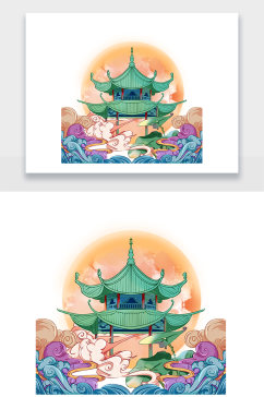 中式传统精致楼阁插画