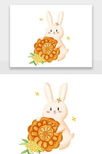 中式中秋可爱玉兔月饼插画