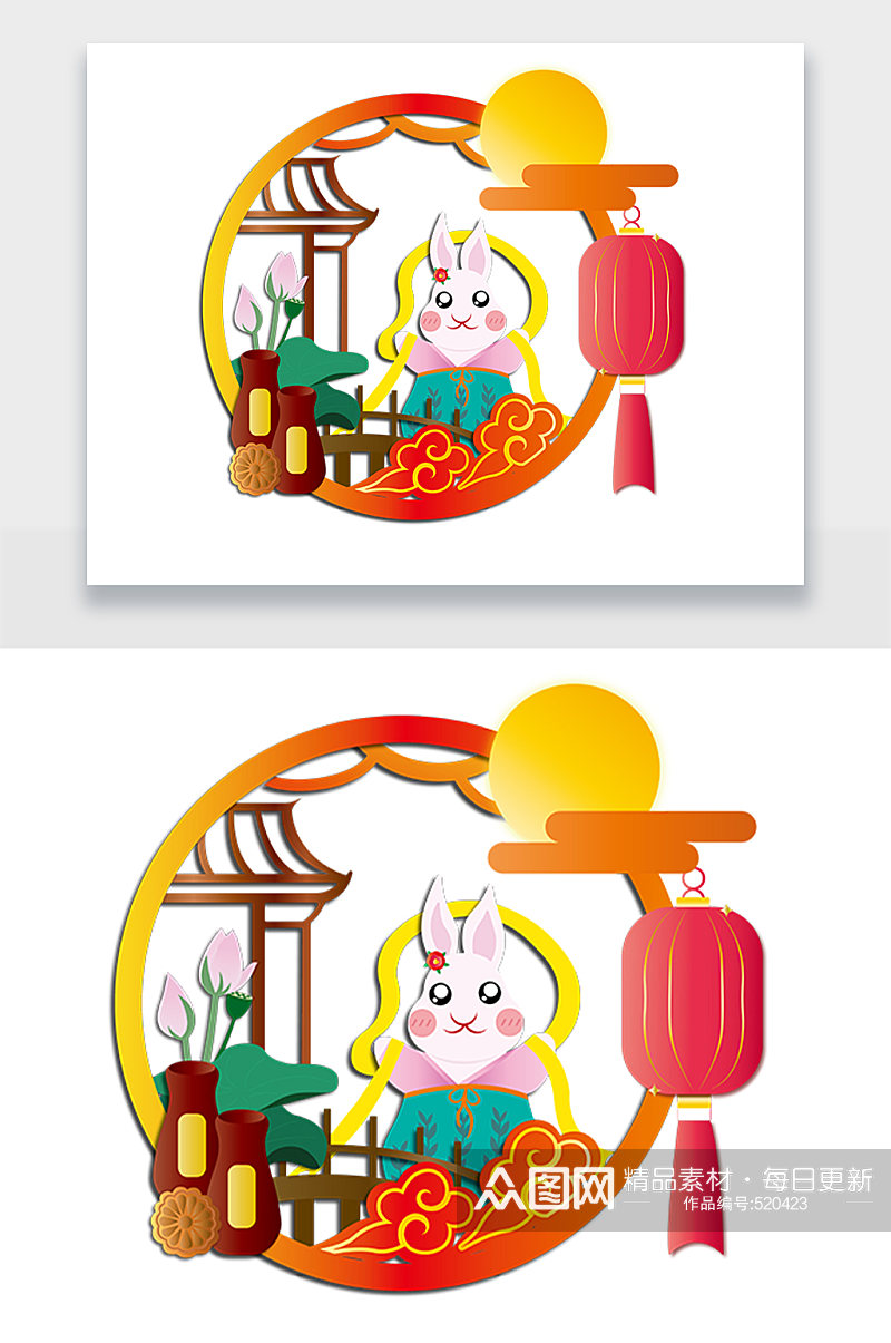 中式嫦娥玉兔剪纸设计素材