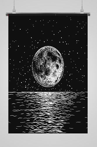 黑白创意线条海面明月插画