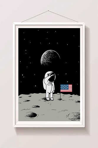 创意黑白宇航员登月可爱插画
