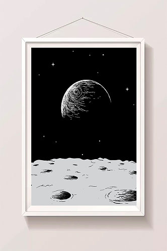 外太空月球表面黑白线条插画