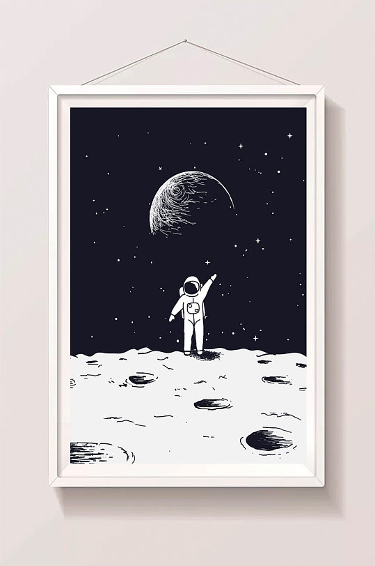 黑白宇航员登月手绘插画