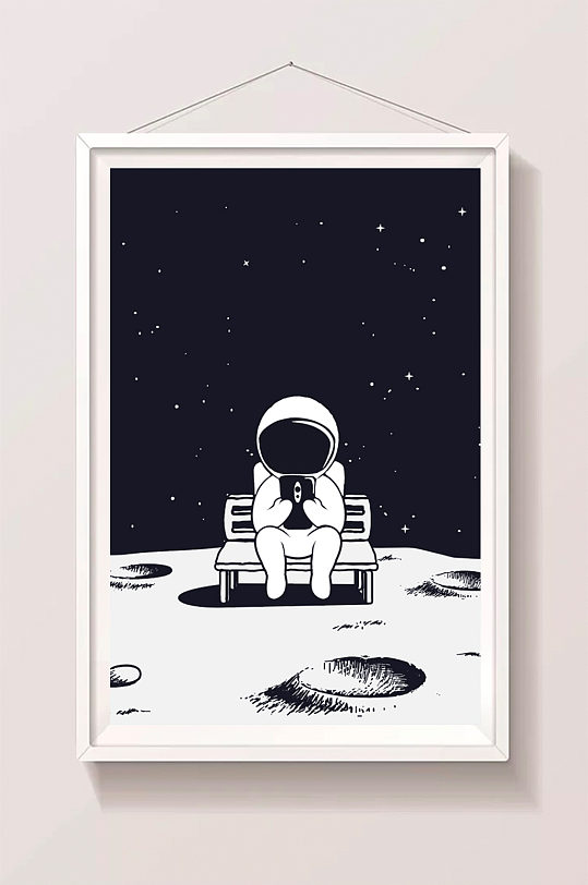 月球上玩手机的宇航员创意插画