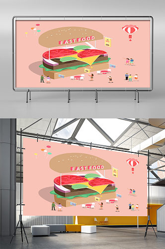 汉堡包店铺创意空间设计插画