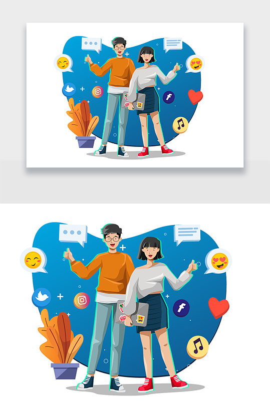 情侣网络聊天会话现代插画