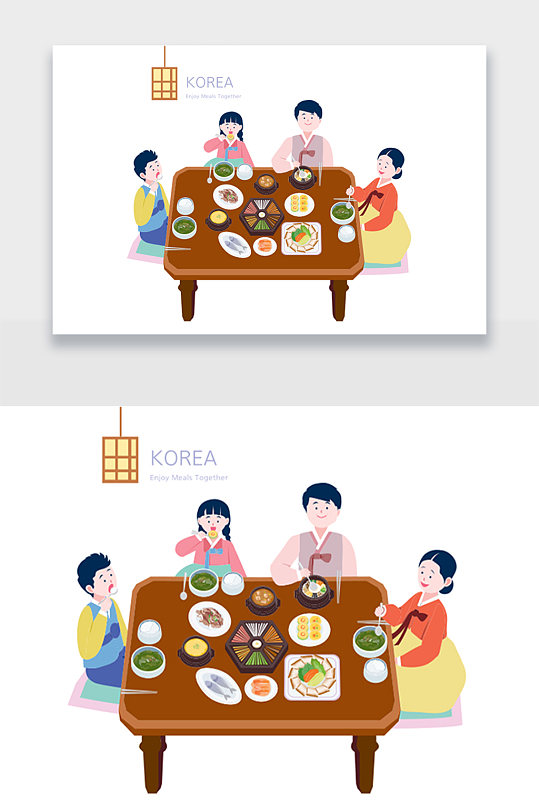 韩国传统美食聚餐插画