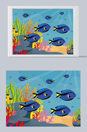 海洋海底蓝色小鱼遨游插画