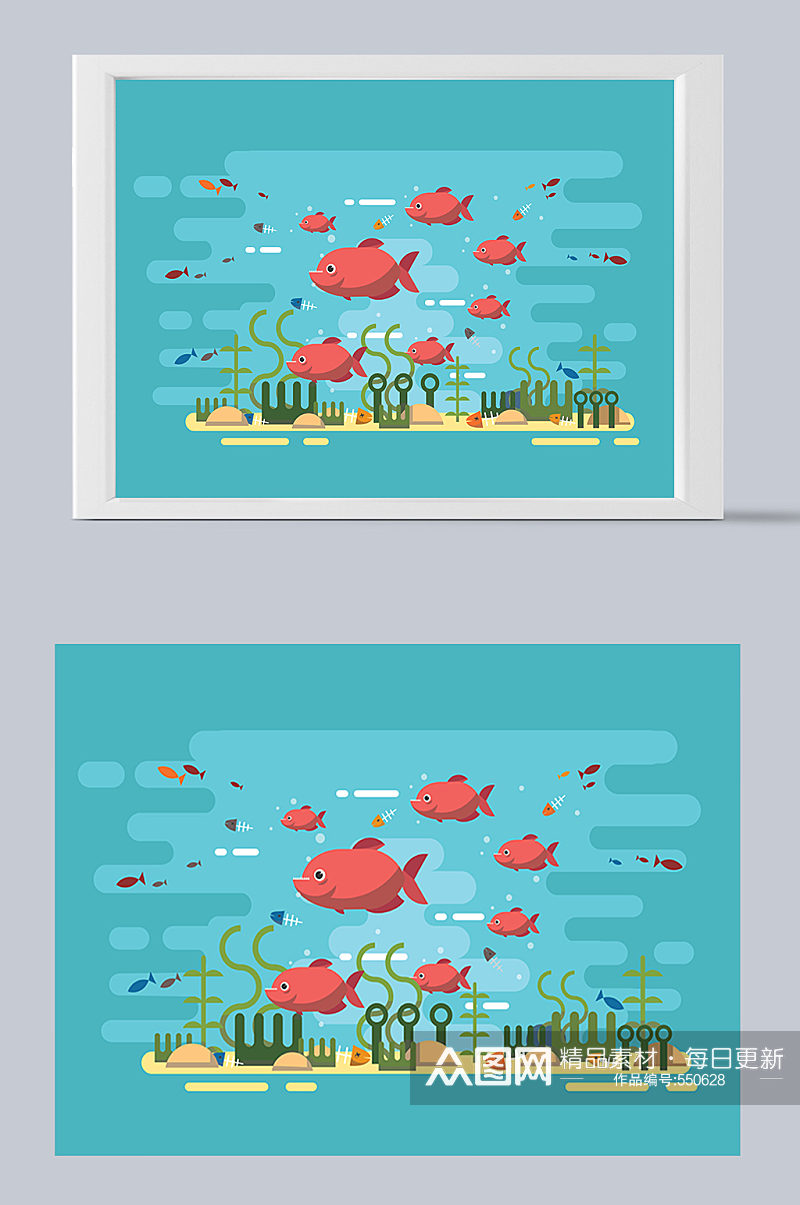 海底世界红色鱼群矢量图插画素材
