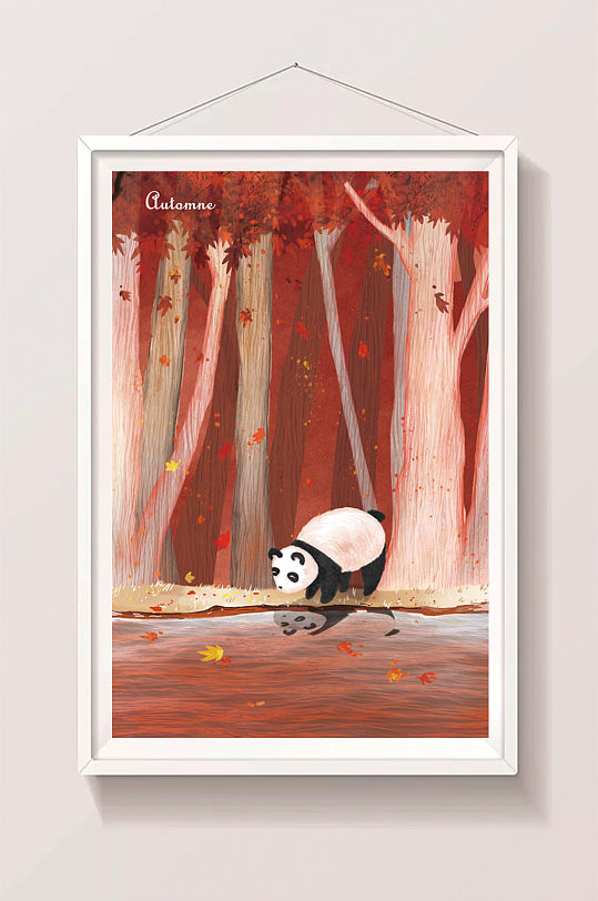 森林小熊猫喝水插画