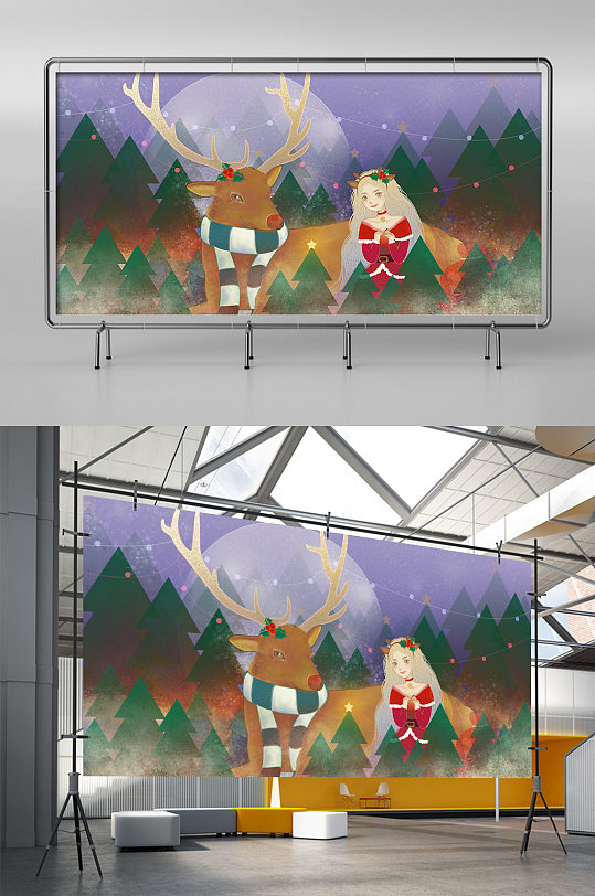 圣诞节梦幻童话女孩与麋鹿手绘插画