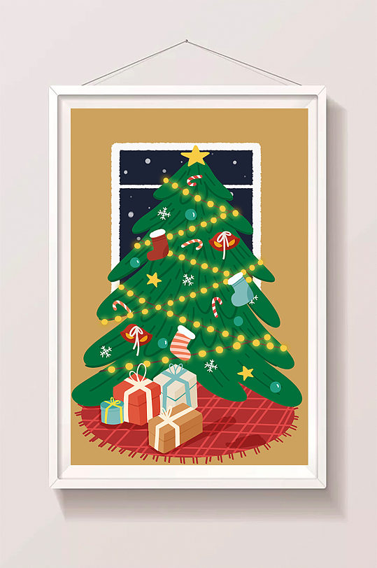圣诞树礼物节日海报手绘插画