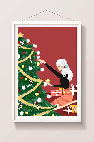 白发姑娘装点圣诞树插画