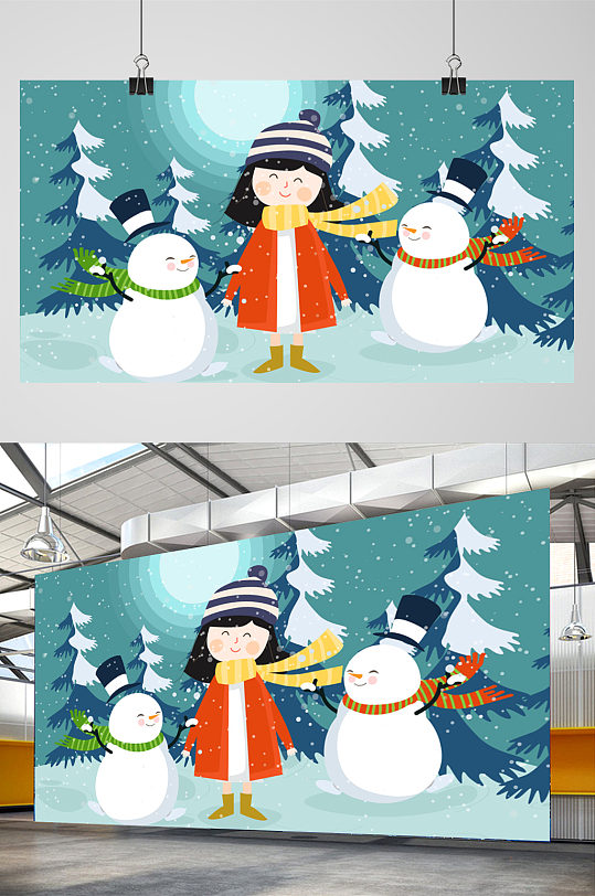 圣诞节堆雪人的小女孩节日插画