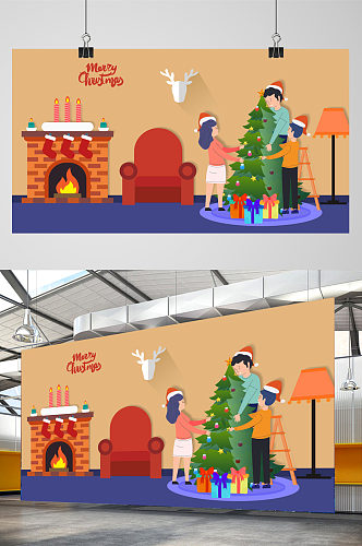 装扮圣诞树温馨家庭手绘插画