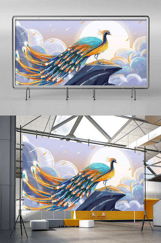中国风孔雀鸟手绘插画